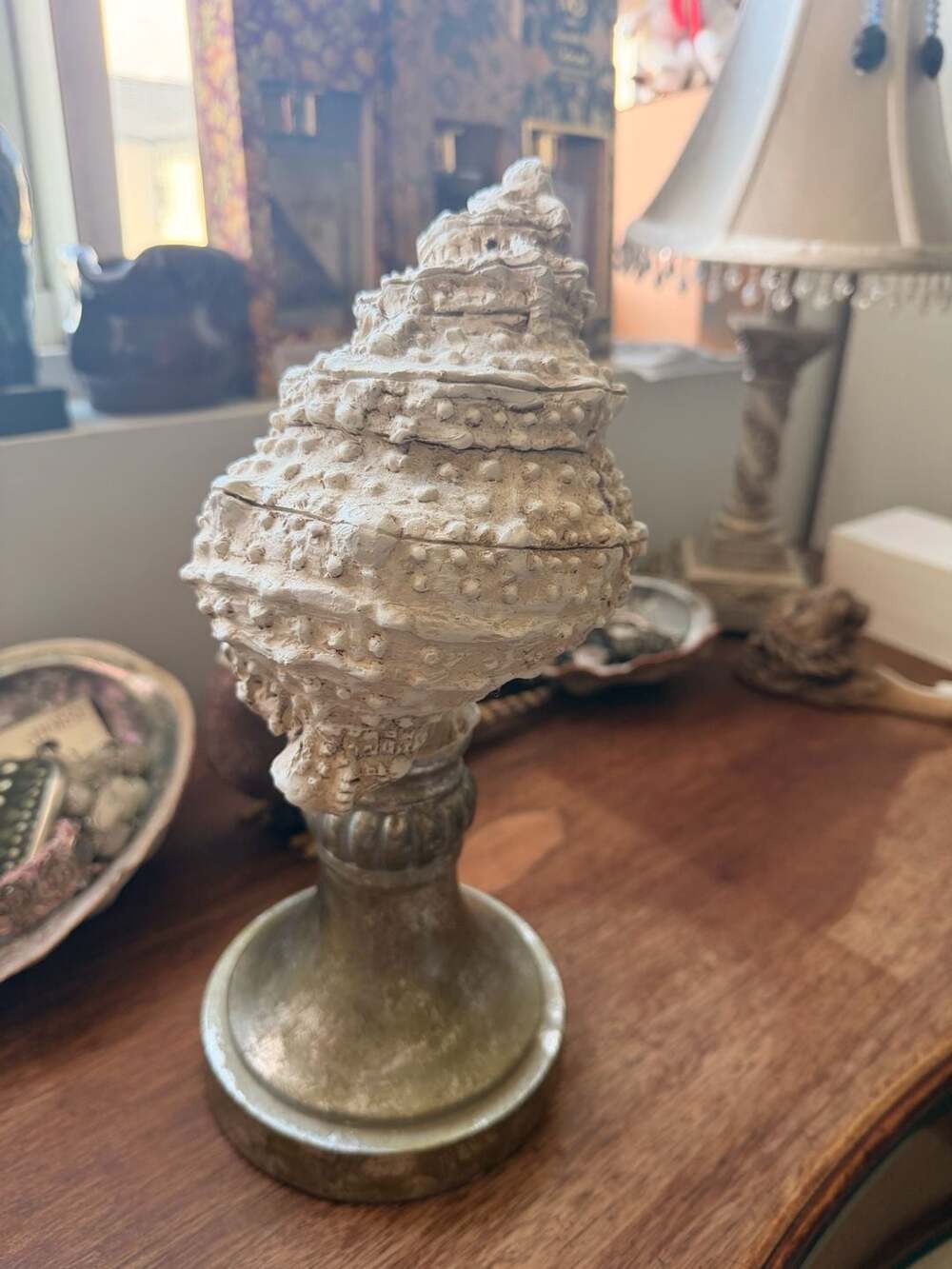 Decorative Seashell Sculpture On Silver Patina Stand Nautical Coastal Home Decor